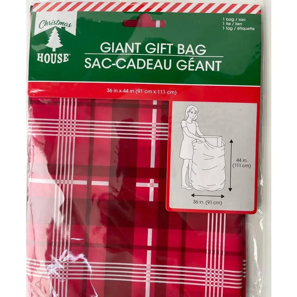 Christmas House Giant Gift Sack Bag 1 bag Plaid Red & White NEW